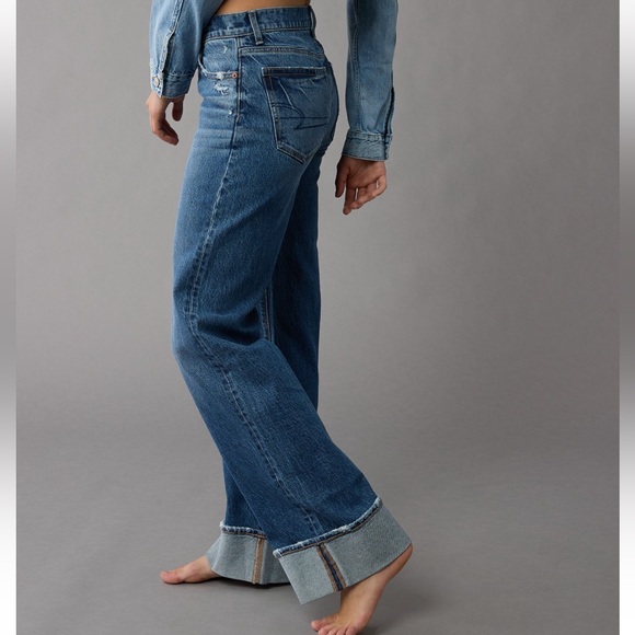AE Stretch High-Waisted Stovepipe Cuffed Denim Jean Wide Leg Medium Wash 0R - Picture 3 of 16